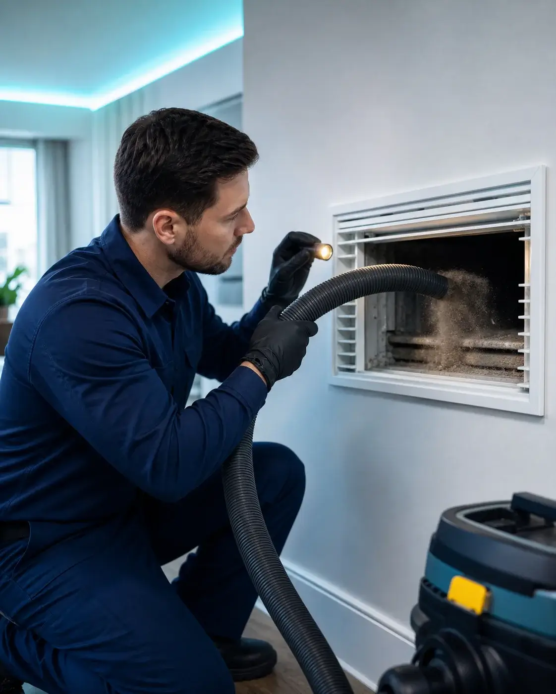 Technician cleaning an air duct vent