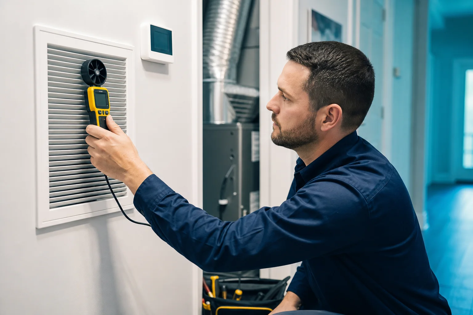 Technician measuring HVAC airflow for system efficiency