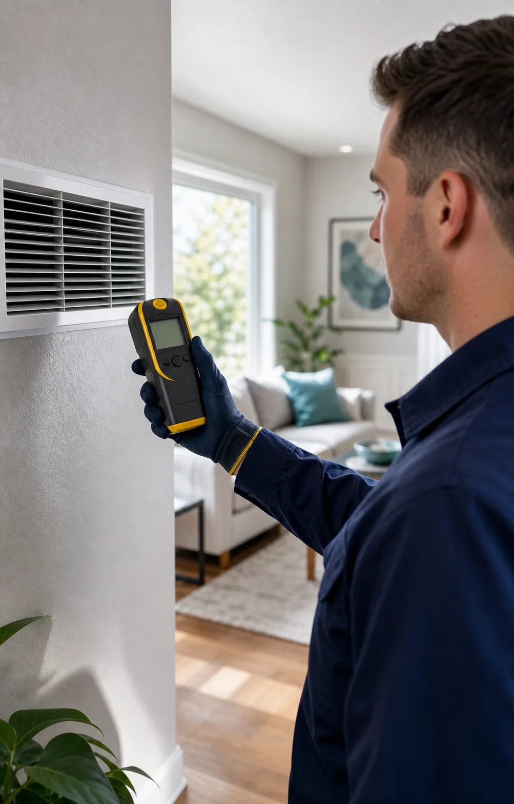 Technician checking indoor air quality near a clean air vent