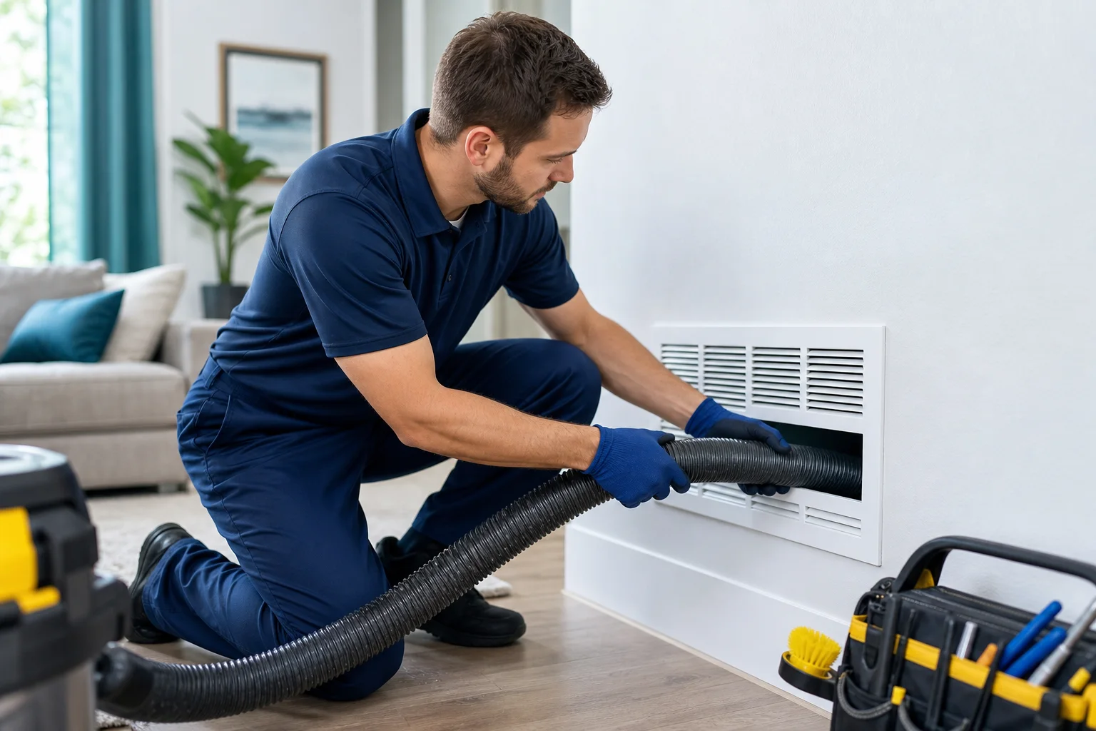 Residential air duct cleaning technician servicing a home vent